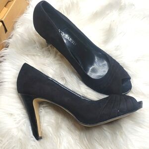FRANCO SARTO Victor Suede Open Toe High Heel Pumps Black peep toe 8.5M